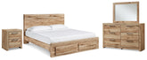 Hyanna Queen Panel Storage Bed, Dresser, Mirror and Nightstand