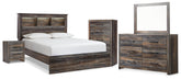 Drystan Queen Bookcase Panel Bed, Dresser, Mirror Chest and Nightstand