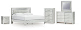 Zyniden King Upholstered Panel Bed, Dresser, Mirror, Chest and Nightstand