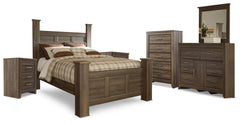 Juararo Queen Poster Bed, Dresser, Mirror, Chest and 2 Nightstands