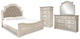 Realyn King Panel Upholstered Bed, Dresser, Mirror and Chest