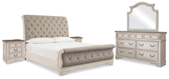 Realyn King Upholstered Sleigh Bed, Dresser, Mirror and 2 Nightstands