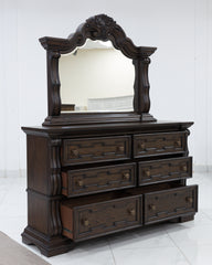 Maylee King Upholstered Bed, Dresser, Mirror, Chest and 2 Nightstands