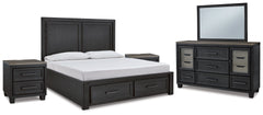 Foyland Queen Panel Storage Bed, Dresser, Mirror and 2 Nightstands