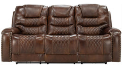 Brown leather recliner sofa with quilted pattern on a white background