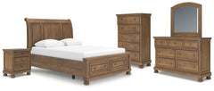 Feddinger - 5 Pc. - Queen Sleigh Storage Bed, Dresser, Mirror, Chest And Nightstand - Medium Brown
