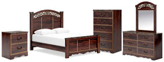 Glosmount Queen Poster Bed, Dresser, Mirror, Chest and Nightstand