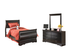 Huey Vineyard Twin Sleigh Bed with Mirroed Dresser and Nightstand