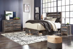 Drystan Queen Panel Bed with Storage, Dresser and Mirror