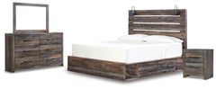 Drystan King Panel Bed with Storage, Dresser, Mirror and Nightstand