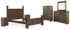 Juararo California King Poster Bed, Dresser, Mirror, Chest and 2 Nightstands