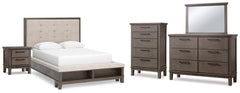 Hallanden Queen Upholstered Storage Bed, Dresser, Mirror, Chest and Nightstand