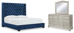 Coralayne King Upholstered Bed, Dresser and Mirror