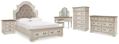 Realyn Queen Upholstery Panel Bed, Dresser, Chest, Nightstand, and Vanity Set