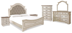 Realyn King Upholstered Panel Bed, Dresser, Mirror, Chest and 2 Nightstands