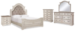 Realyn Queen Upholstered Panel Bed, Dresser, Mirror, Chest and Nightstand