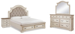 Realyn King Upholstered Panel Bed, Dresser, Mirror and Nightstand