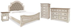 Realyn King Upholstered Panel Bed, Dresser, Chest and Nightstand