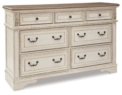 Realyn Queen Upholstery Panel Bed, Dresser, Chest, Nightstand, and Vanity Set