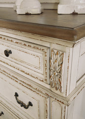 Realyn Queen Upholstery Panel Bed, Dresser, Chest, Nightstand, and Vanity Set