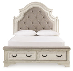Realyn Queen Upholstery Panel Bed, Dresser, Mirror and Nightstand