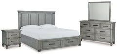 Russelyn California King Panel Storage Bed, Dresser, Mirror and Nightstand
