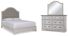 Brollyn Queen Upholstered Panel Bed, Dresser and Mirror