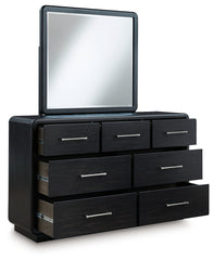 Rowanbeck Queen Upholstered Panel Bed, Dresser and Mirror