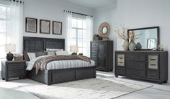 Foyland Cal King Panel Storage Bed, Dresser, Mirror, Chest and Nightstand