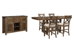 Moriville Counter Height Dining Table, 4 Barstools and Server