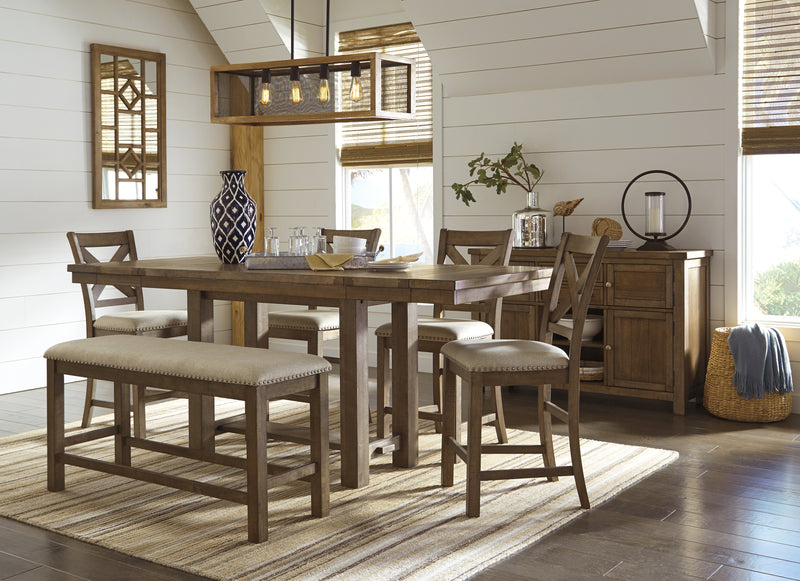 Moriville Counter Height Dining Table with 4 Barstools, Bench, and Server