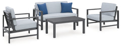 Fynnegan Outdoor Loveseat, 2 Lounge Chairs and Coffee Table
